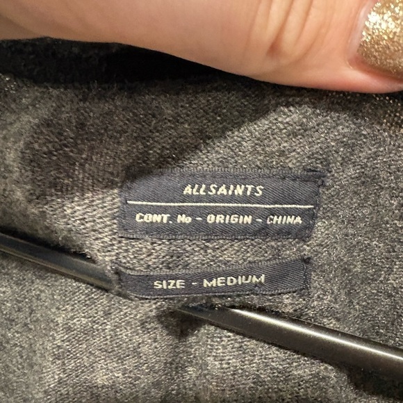 AllSaints men's grey and navy color-block merino wool open-front cardigan. - Picture 5 of 8